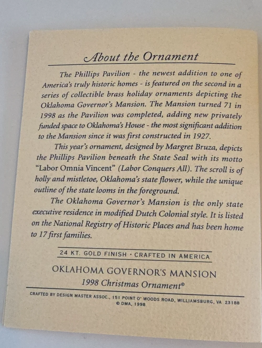 Oklahoma Governor's Mansion Phillips Pavilion 1998 Christmas Collector Ornament